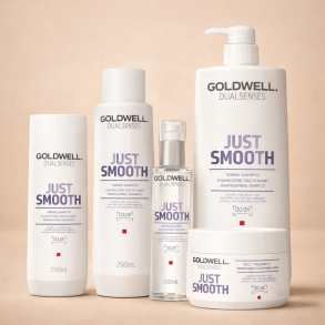 Gruppebillede af Goldwell Dualsenses Just Smooth serien med Taming Shampoo, Just Smooth Oil, Perfecting Serum og 60Sec Treatment til glat, bl�dt og frizz-frit h�r.