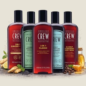 American Crew herrepleje kollektion med 3-in-1 Ginger + Tea, 3-in-1 Classic, 24-Hour Deodorant Body Wash samt Forming og Fiber Pre-Styling Cleanser &ndash; professionel h�r- og kropspleje til m�nd.