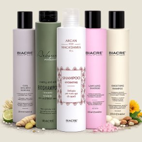 Biacr� shampoo kollektion med Curl Nutritive, Bioshampoo, Argan & Macadamia Hydrating, Laminating og Smoothing Shampoo 250 ml &ndash; professionel italiensk h�rpleje til forskellige h�rtyper.