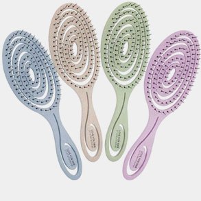 Prsentation af forskellige hrbrster i en stilfuld vifte – herunder detangling brster, rundbrster og paddlebrster – vist i flere farver p lys gr baggrund