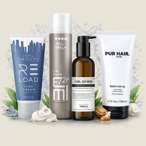 Kr�llecreme og curl definer produkter fra Trinity Haircare, Wella Professionals, Previa og Pur Hair &ndash; professionelle stylingprodukter til at definere kr�ller, reducere frizz og give fleksibelt hold og naturlig glans.