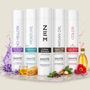 Dusy Professional shampoo serie best�ende af No-Yellow Shampoo, Moisture Honey Shampoo, Caffeine Shampoo, Argan Oil Shampoo og Color Reflex Shampoo Red