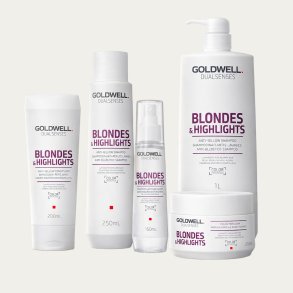 Gruppebillede af Goldwell Dualsenses Blondes & Highlights serien med anti-yellow shampoo, conditioner, brilliance serum spray og 60sec treatment til blondt og stribet h�r.