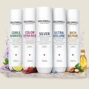 Goldwell Dualsenses shampoo serie 250ml med Curls & Waves, Color Extra Rich, Silver Shampoo, Ultra Volume og Rich Repair