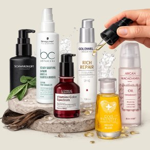 h�rserum og olieprodukter fra Schwarzkopf BC Bonacure Scalp Soothing Serum Kale & Madecassoside, L&rsquo;Or�al Professionnel Vitamino Color Spectrum Professional Glass Shine Serum, PUR HAIR Organic Healing Oil, Goldwell Dualsenses Rich Repair og Trinity Argan E