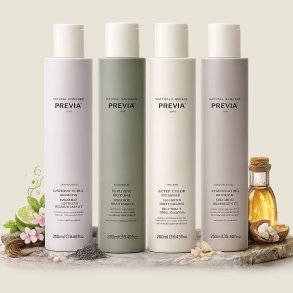 Previa Natural Haircare shampoo 250 ml serie med Luscious Curls, Purifying Shampoo, After Color Shampoo og Regenerating Shampoo