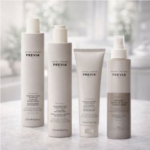 Previa Natural Haircare care- og plejeprodukter pr�senteret i elegant, minimalistisk emballage. Serien omfatter regenererende shampoo, balsam, leave-in behandlinger og kurprodukter, formuleret med naturlige ingredienser til at genopbygge, styrke og pleje 