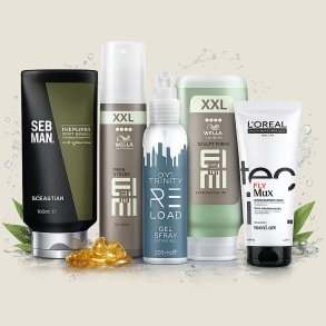 Professionelle h�rgeleer fra Sebastian SEB MAN, Trinity RELOAD, Wella EIMI og L&rsquo;Or�al Professionnel Tecni.Art &ndash; styling gel og gel spray med medium til ekstra st�rkt hold og h�j glans til langvarig frisures�tning