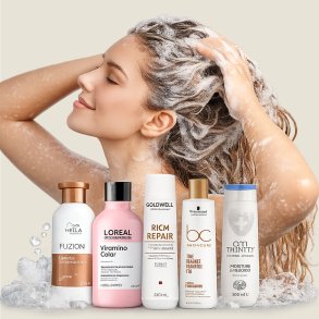 Professionelle shampooer fra Wella, L&rsquo;Or�al, Goldwell, Schwarzkopf og Trinity i brug ved h�rvask.