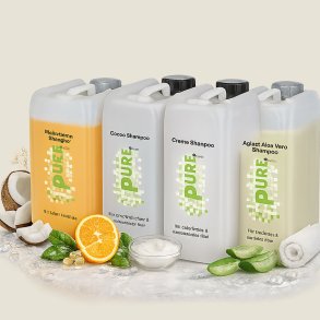PURE Care 5 liter shampoo serie med Multivitamin, Cocos, Creme og Joghurt Aloe Vera shampoo