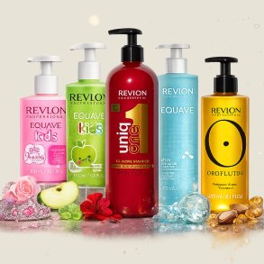 Revlon Professional shampoo serie med Equave Kids Princess og Green Apple, Uniq One All In One Shampoo, Equave Detox Micellar Shampoo og Orofluido Radiance Argan Shampoo.
