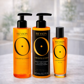 Revlon Orofluido h�rplejeserie med arganolie &ndash; inkluderer Radiance Argan Shampoo, Conditioner og Elixir. Produkterne er beriget med �kologisk, fairtrade og koldpresset arganolie, som n�rer, bl�dg�r og styrker h�ret. Serien reducerer h�raffald ved b�rstnin