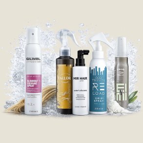 Ops�tning af professionelle stylingprodukter med saltvandsspray, teksturspray, grip spray og varmebeskyttende blowout spray, der skaber volumen, struktur og fleksibelt hold i h�ret.