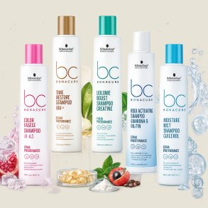 Schwarzkopf BC Bonacure shampoo serie med Color Freeze, Time Restore Q10+, Volume Boost Creatine, Root Activating Guarana & Biotin og Moisture Kick Glycerol &ndash; professionel h�rpleje til farvet, fint, t�rt og tyndt h�r.