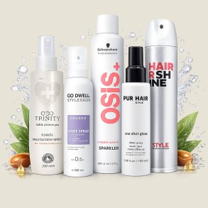 Shine spray og gloss produkter fra Trinity Haircare, Goldwell StyleSign, Schwarzkopf OSIS+ og Pur Hair &ndash; professionelle h�rsprays og glanssprays til ekstra shine, bl�dhed og glat finish uden at tynge h�ret.