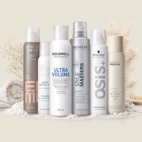 Professionelle t�rshampooer i spray til at absorbere fedt ved hovedbunden, opfriske h�ret mellem h�rvaske og skabe ekstra volumen og tekstur &ndash; salonprodukter til styling og fylde.