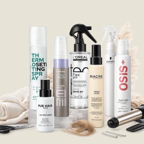 Varmebeskyttende spray og thermo styling produkter til h�ret, der beskytter mod varmeskader fra f�nt�rrer og glattejern samt giver glans og hold