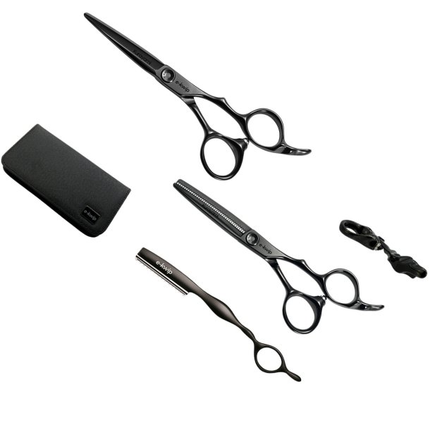 e-kwip Kurayami sakses�t med to sorte sakse i 5,5, ergonomiske 3D-greb og featherkniv