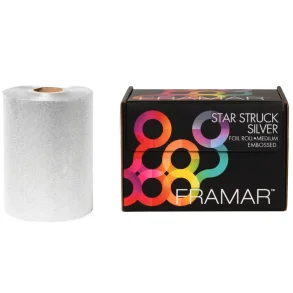 Framar Star Struck Silver s�lvfolie p� rulle ved siden af produkt�sken