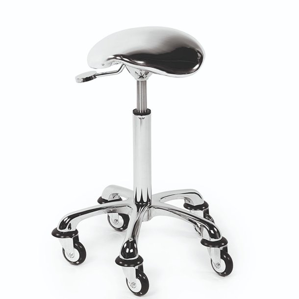 Rollercoaster klippestol med metallisk ldersadel, kromstel og hrsikre hjul – professionel sadelstol til saloner