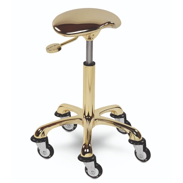 Rollercoaster sadel klippestol i guld med metallisk sde og hrsikre hjul – luksurist design til salonbrug